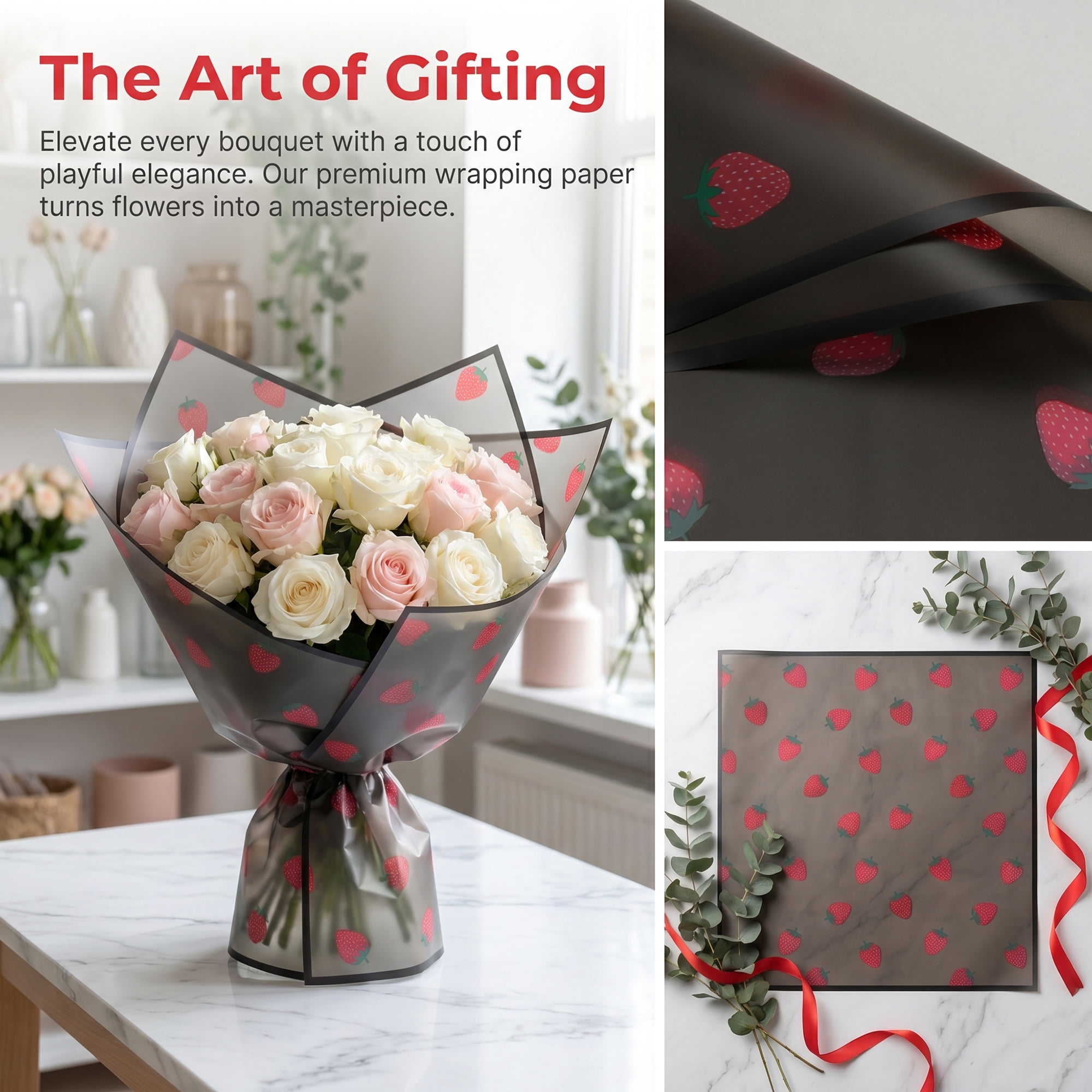 Unique Bargains Strawberry Gift Wrapping Paper Sheets for Floral Gifts Black 22.4"x 22.4"