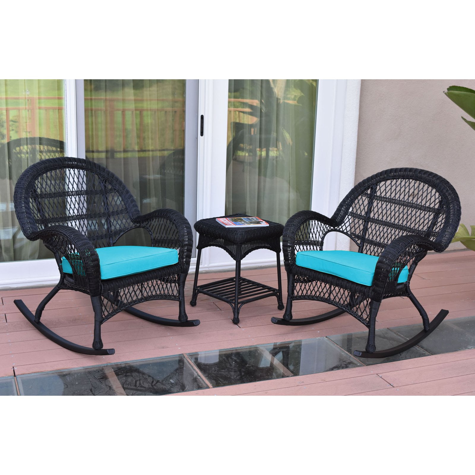 Jeco 3 Piece Rocker Wicker Chair Set With Blue Cushion Black