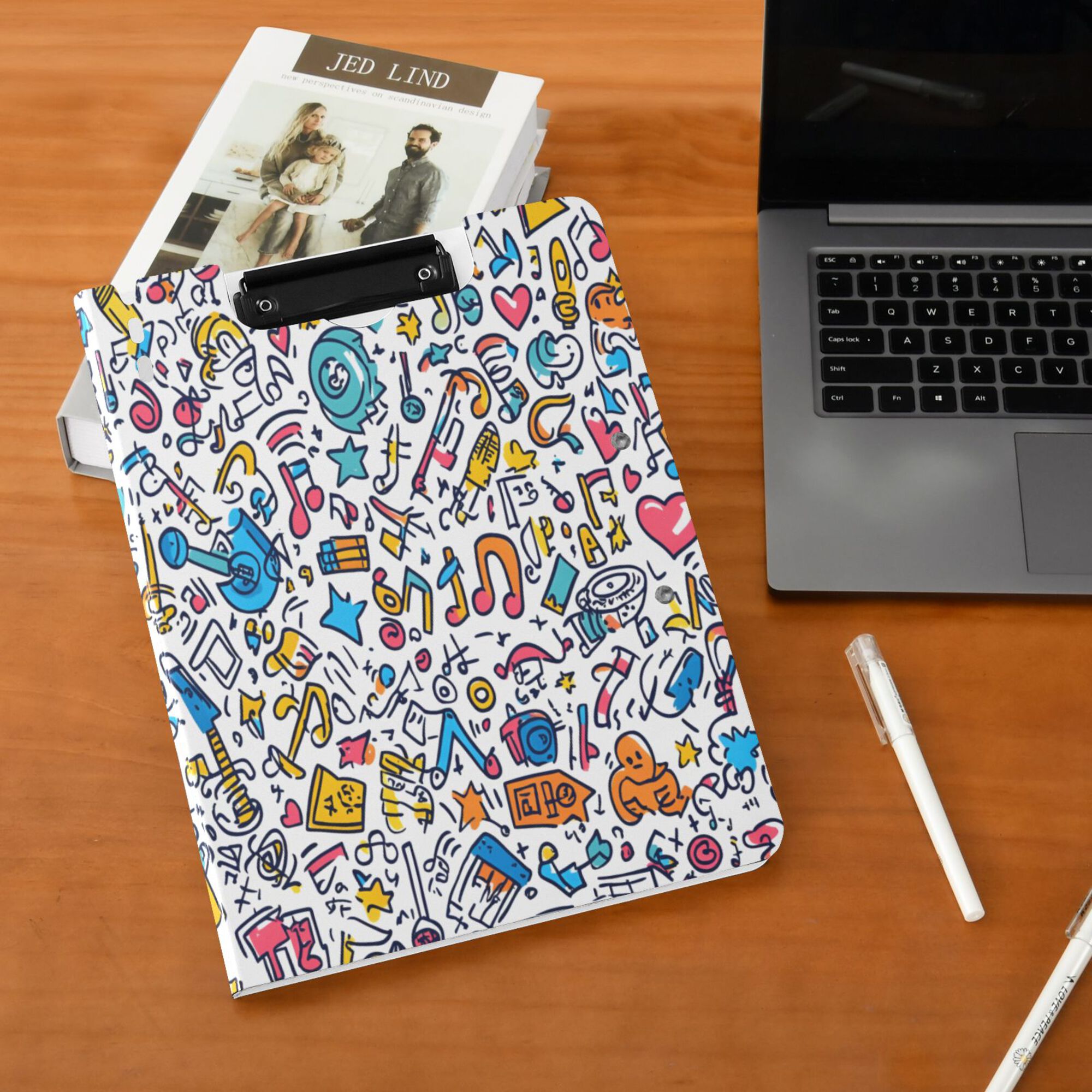 FORMRS A4 Clipboard Folder with Pen Holder Horizontal Foldable School Office Binder, Doodle Pattern