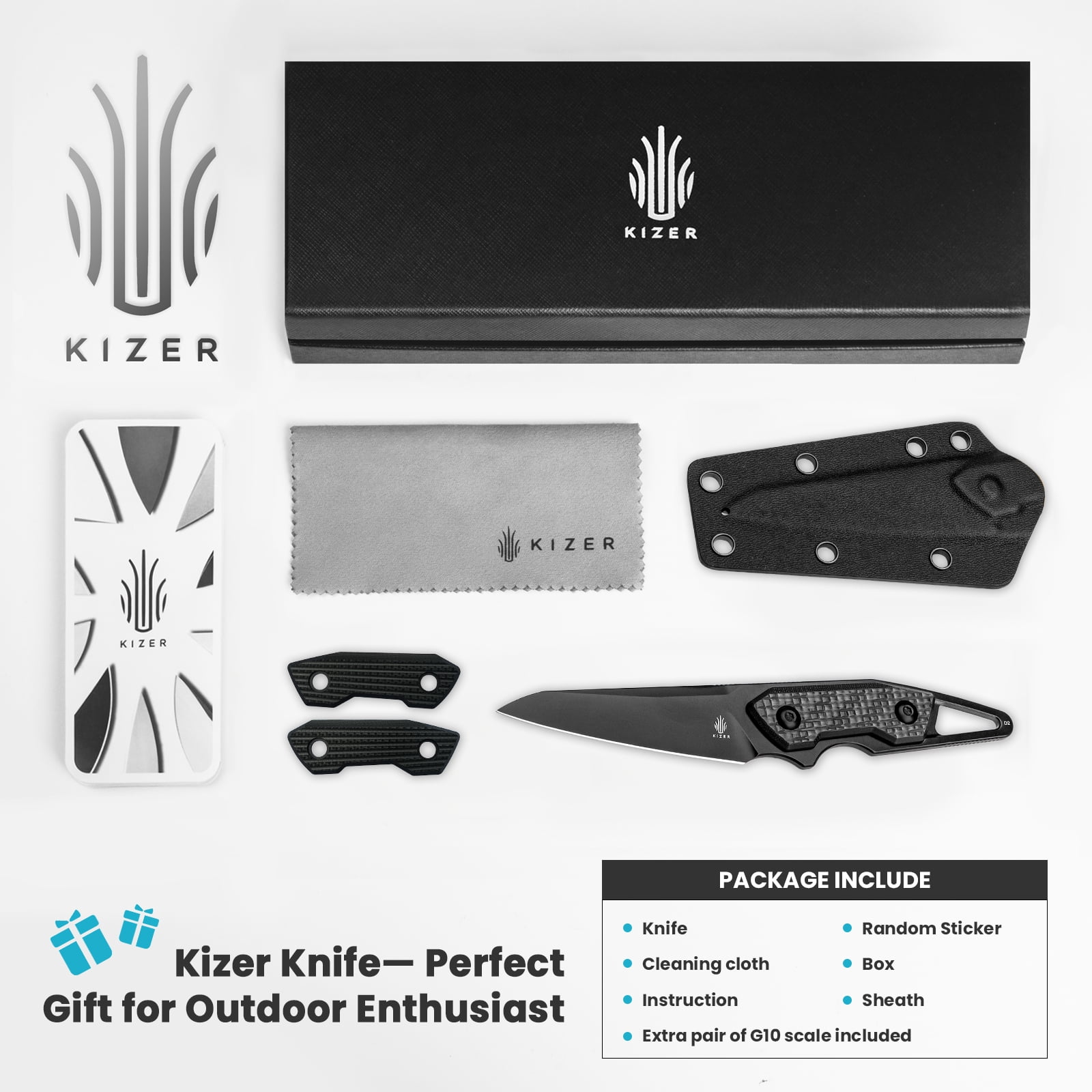 Kizer Fixed Blade Knife GROOM, D2 Steel D2 Handle Pocket Tactical Knives, 1060A2