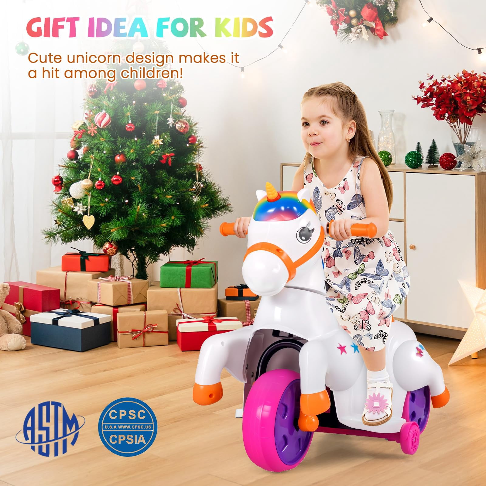 12V Unicorn Ride on Toys, 3-Wheeler Battery Powered Motorized Ride on Horse with Training Wheels, Rainbow Unicorn