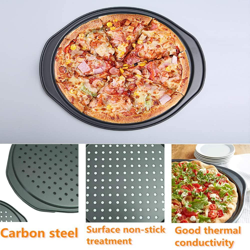 GTSP 2 Pcs Pizza Pan for Oven with Handles 12 Perforated Pizza Crisper Tray Non-Stick Round Pizza Stone Baking with with Holes Resistant Carbon Steel Pizza Plate for Oven Home Kitchen 