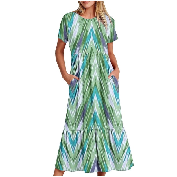 Puntoco Vestido Midi A La Moda Para Mujer, Estampado Geométrico Pop, En Capas, Con Dos Bolsillos, Manga Corta, Cuello Redondo, Vestido Verde Xxl,Regalos Para Mujer Joven
