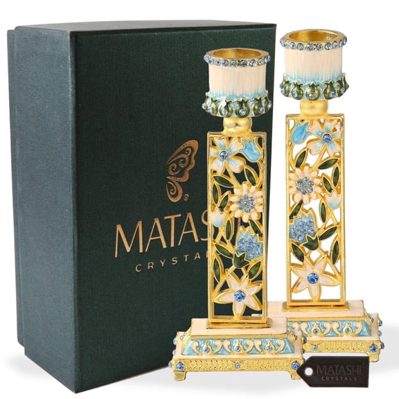Matashi Shabbat Candlesticks Hand-Painted, Gold-Plated Pewter Tall, Vintage Craftsmanship Personal or Religious Use (Blue Flowers) Gift for Festival, Holiday