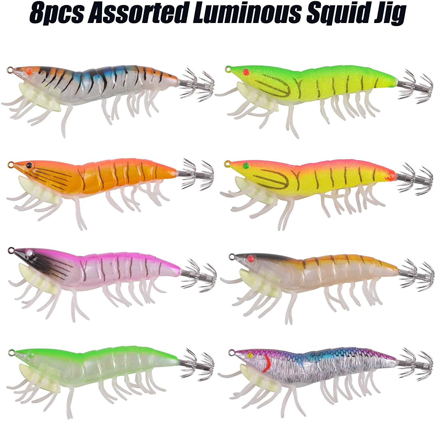 Luminous Shrimps Fishing Jig Hooks Saltwater Lure, 8pcs Plastic Glow Baits Artificial Fishing Lure Set Octopus Cuttlefish