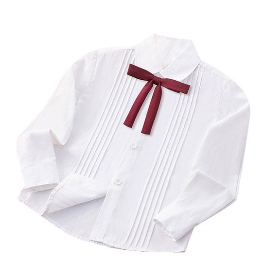 Zpanxa Girls Long Sleeve Button Down Shirts with Bow Tie White Pleated Front Collared Top School Wear Daily Wear Long Sleeve Shirts for Girls