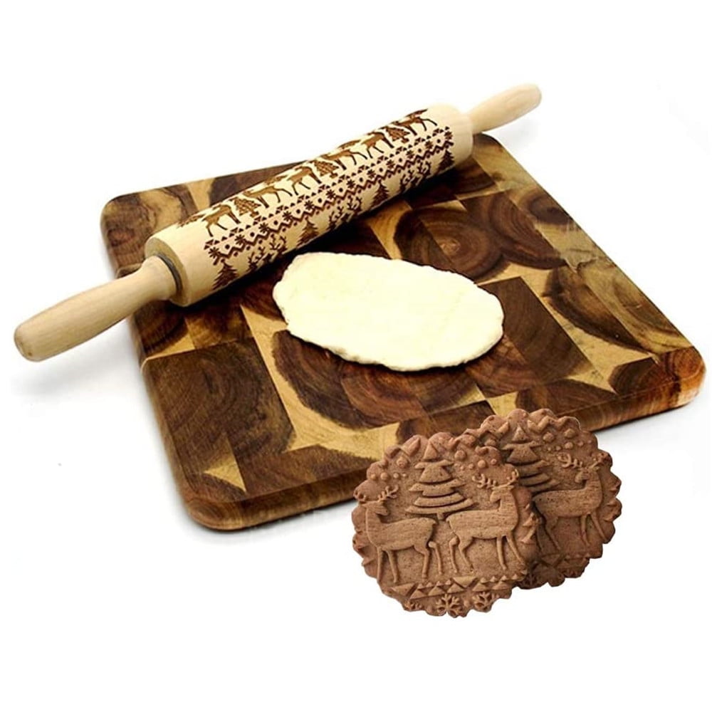Embossed Rolling Pin Wooden 3D Christmas Rolling Pin for Baking Cookies