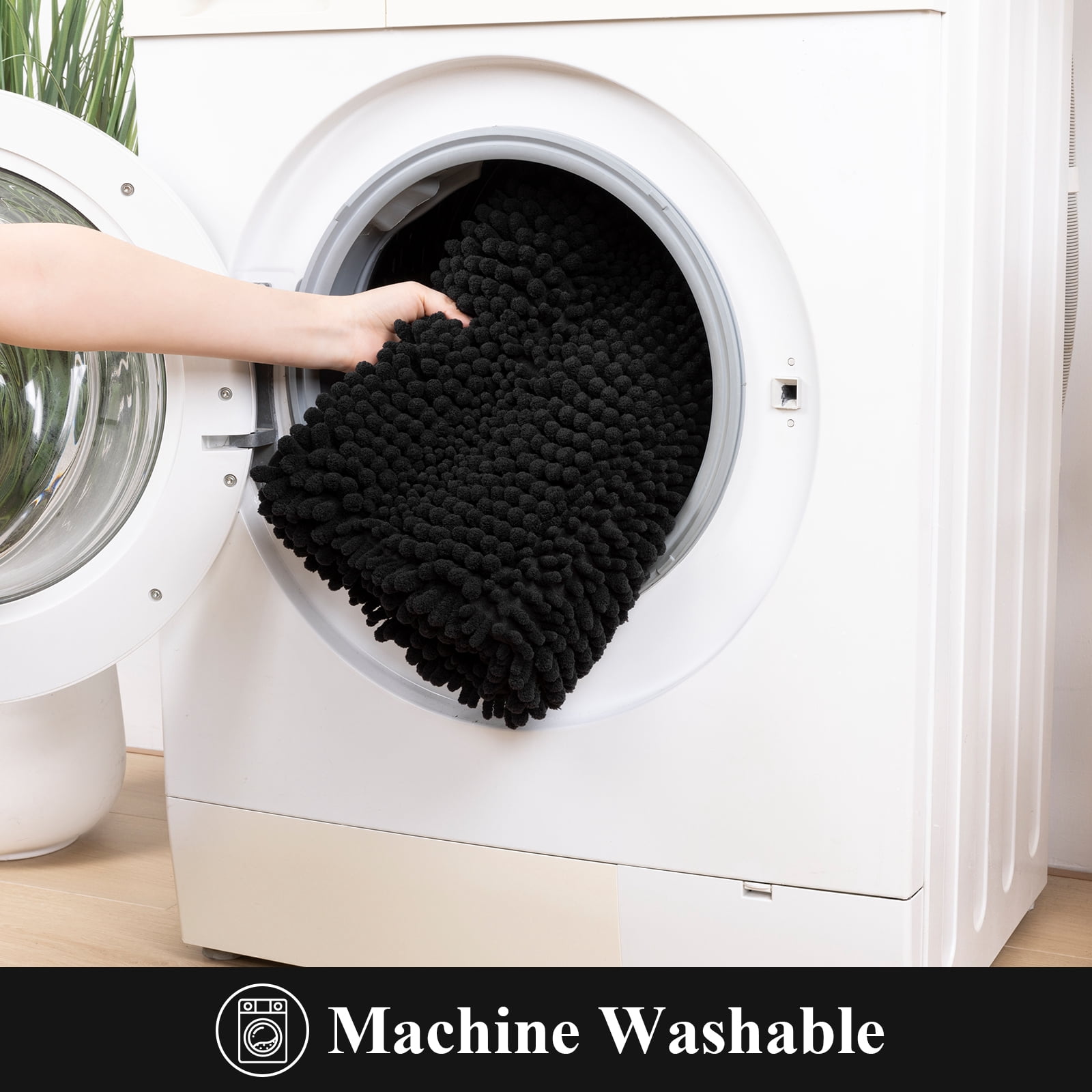 Ileading Ultra Soft Bathroom Rug Set 3 Pieces, Non Slip Thick Chenille Striped Bath Mat, Absorbent Plush Shaggy Bath Rugs for Bathroom, Black
