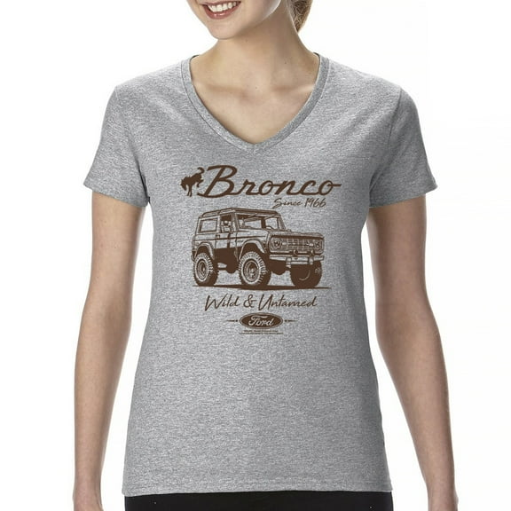 Ford Bronco Wild and Untamed Since 1966 Women's V-Neck T-shirt Vintage Off-Road 4x4 Adventure Retro Truck Licensed Tee