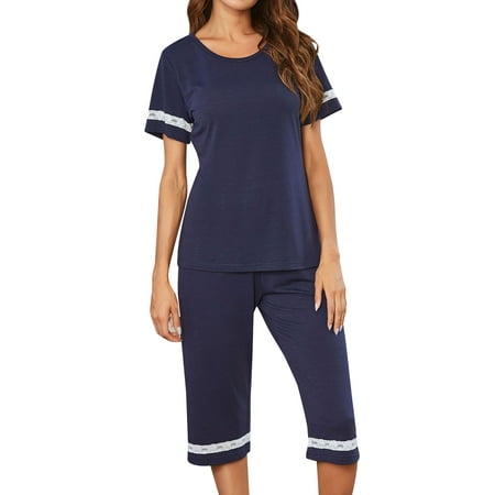 

HUBERY Women Crew Neck Short Sleeve Lace Insert Solid Color Sleepwear Set