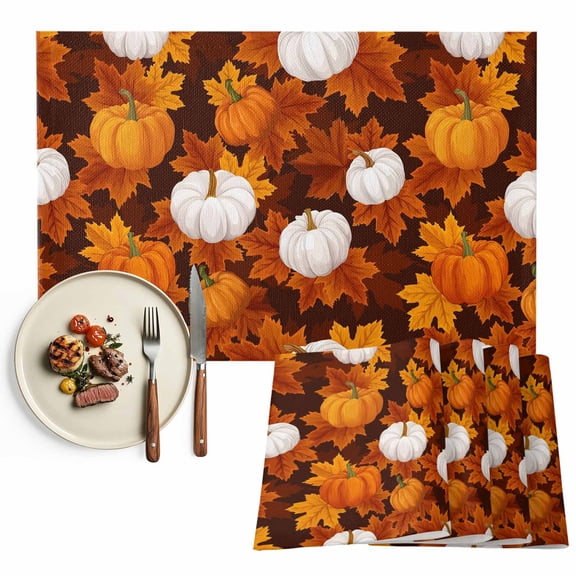 Thanksgiving Fall Placemats Set of 6 Orange White Pumpkin Maple Leaves Heat Insulated Linen Place Mats, Washable Stain-Proof Table Mats for Dining Tables Holiday Decor 13x19inch