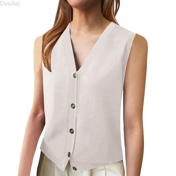 DuoJiaJ Womens Ribbed Sweater Vest, V Neck Button Front Sleeveless Layering Beige S