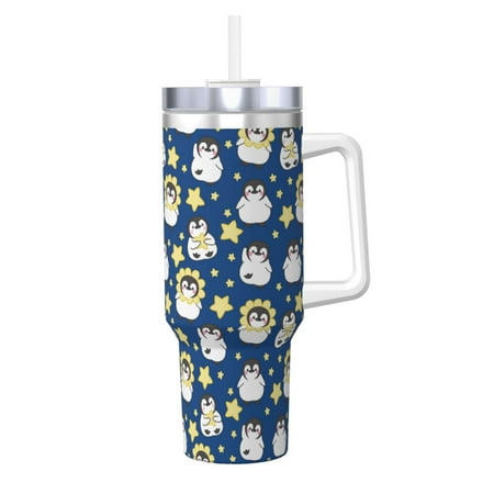 

Susaid Star Penguin Print Indoor Outdoor Straw Lid 40oz Ice Bully With Handle Stainless Steel Cup for Home Office and Car