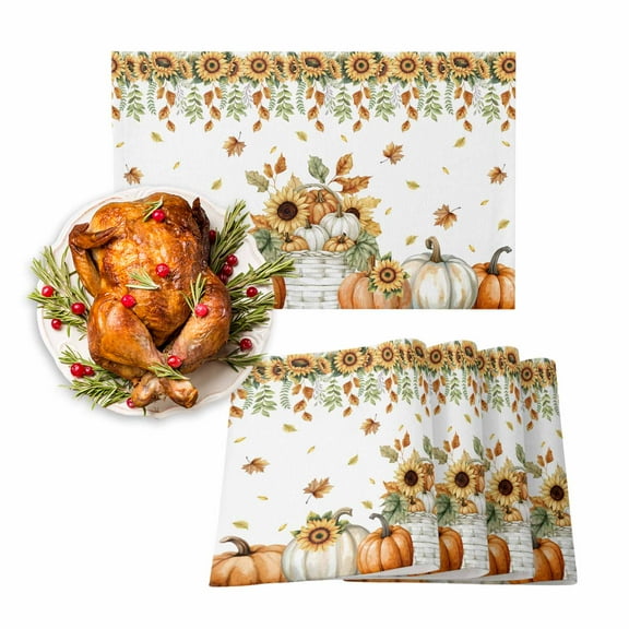 Fall Placemats Set of 4 White Pumpkin Place Mats Thanksgiving Placemat Sunflower Orange Fallen Maple Leaf Table Mats for Dining Kitchen Table Holiday Dinner Party Home Fall Decorations 13x19 Inch