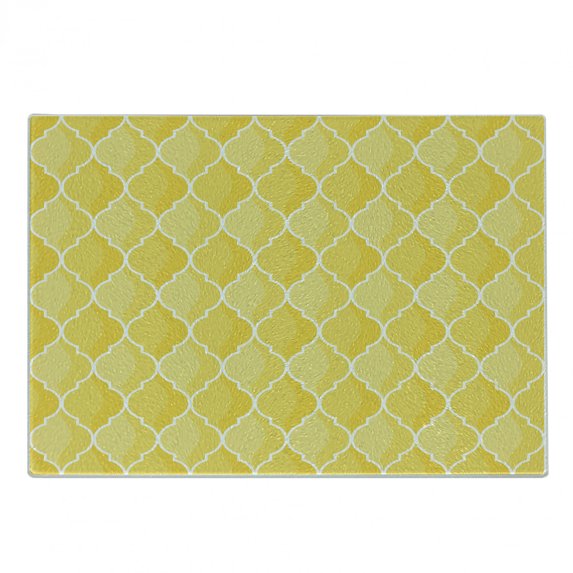 Yellow Cutting Board, Moroccan Trellis Pattern in Yellow Tones Vintage Eastern Pattern, Decorative Tempered Glass Cutting and Serving Board, Small Size, Mustard Yellow White, by Ambesonne