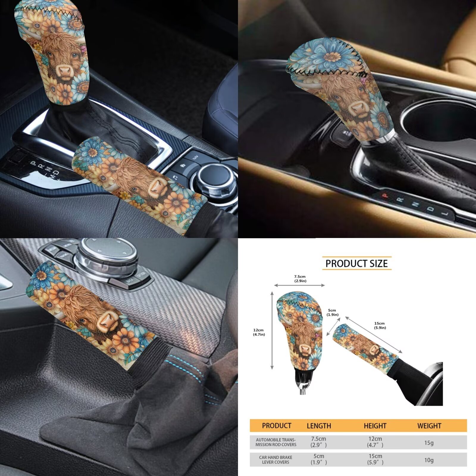 Garronmavis Boho Highland Cow Car Accessories Set with Steering Wheel Wrap Gear Shift Cover Handbrake Sleeve Headrest Protectors Cup Coasters Vehicle Cushion Protectors Interior Accessories