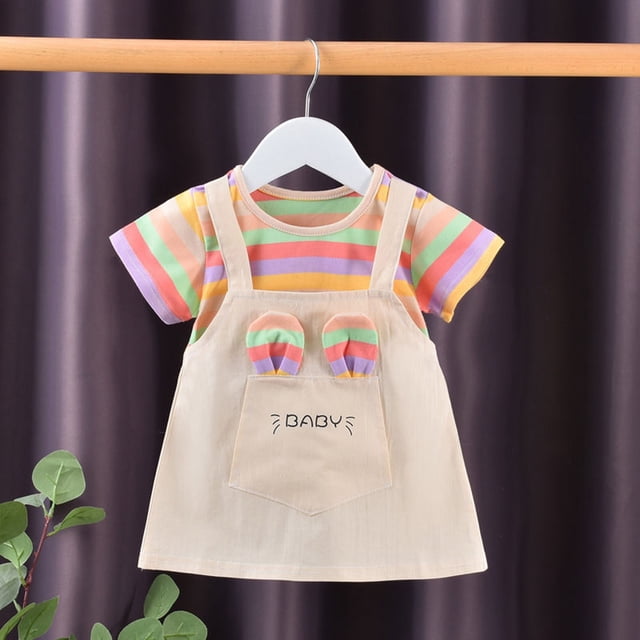XIMIN Nouvelle Robe d'Été à Imprimé Rayé Arc-en-Ciel à Manches Courtes, Col Rond, Mignonne, Dessin Animé, Mode, Robe pour Fillette, Petite Robe de Fête et de Concours pour Bébé Fille (4-5 Ans, Violet)