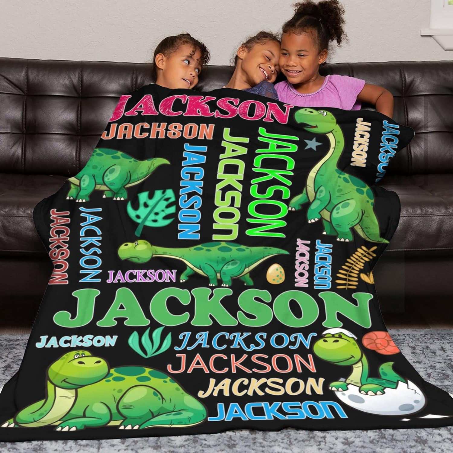 Personalized Dinosaur Blanket for Kids, Custom Dino Throw Blanket with Name for Boys and Girls, Toddler Bed, Room & Bedroom Decor, Unique Blankets for Children