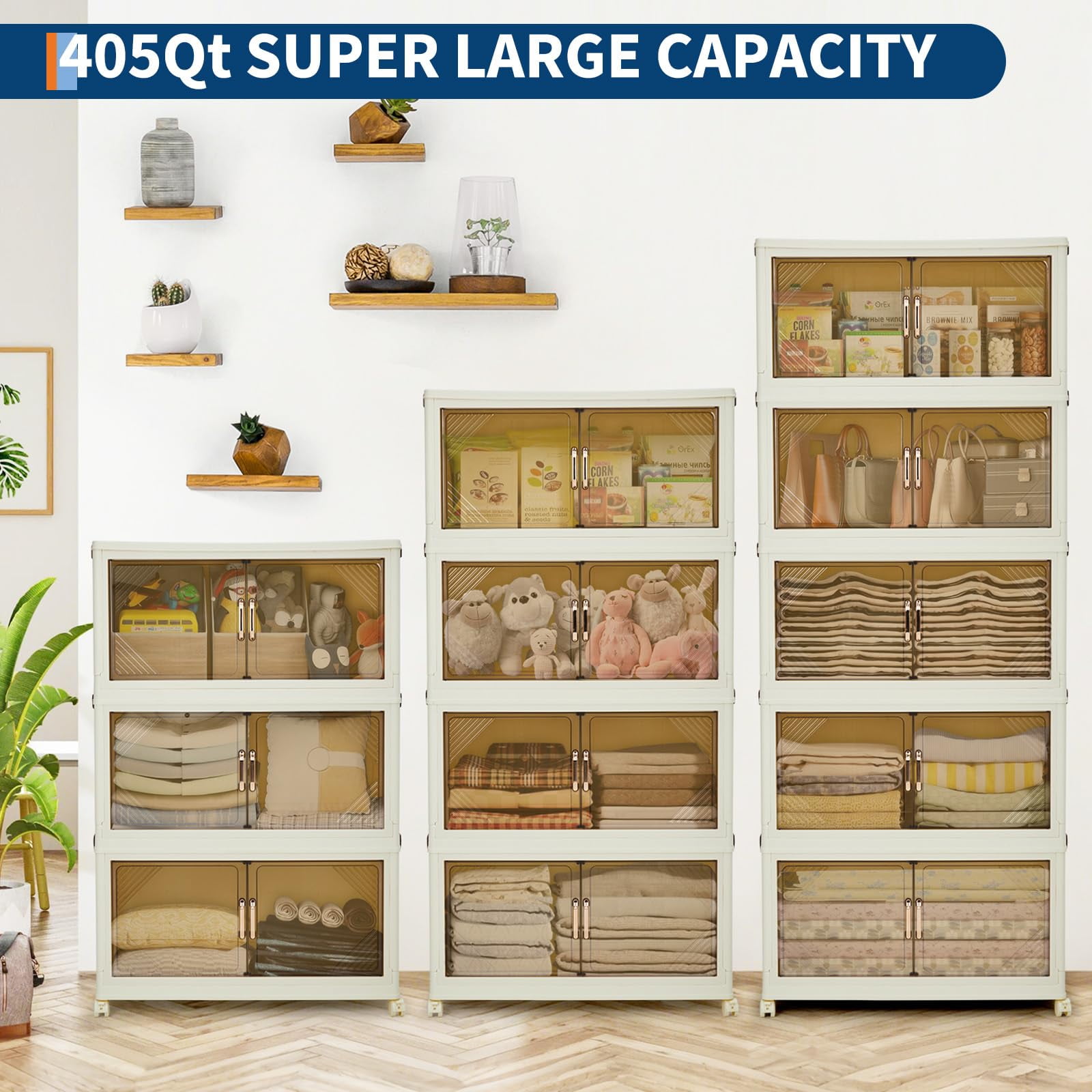Stackable Storage Bins, 405QT Plastic Bins for Storage with Lids, Plastic Storages Drawers with Magnetic Doors & Wheels, Foldable Closet Organizers for Home, Dorm, White