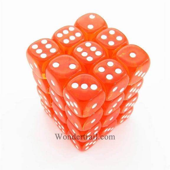 Orange Translucent D6 Dice with White Pips 12mm (1/2in) Pack of 36