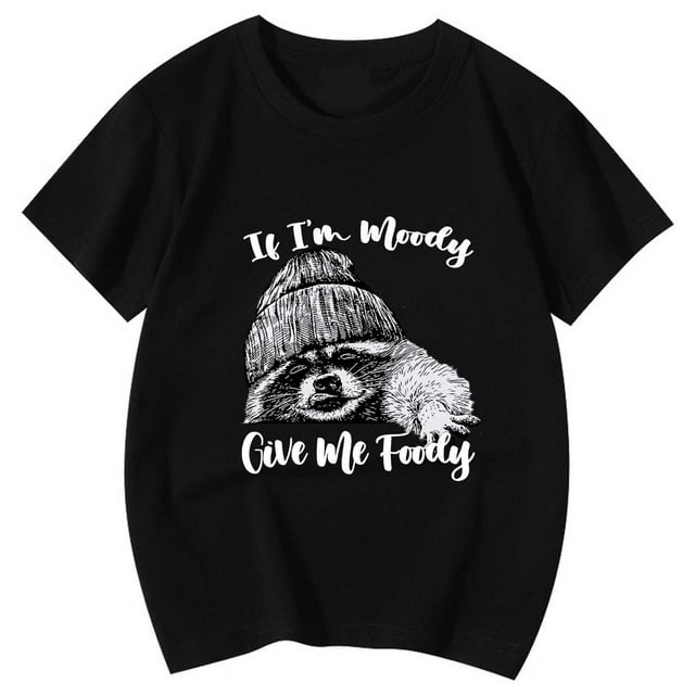 NINGMENG Hauts et T-Shirts pour Filles, Imprimé Animal Raton Laveur Mignon, Col Rond, Manches Courtes, Noir, 10-11 Ans