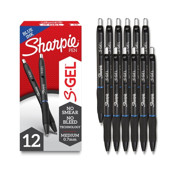 Sharpie S Gel Pens, Medium Point, 0.7 mm, Black/Blue Barrel, Blue Ink, Pack Of 12 Pens
