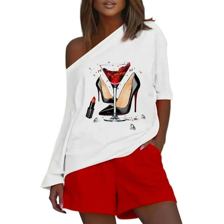 

Rejlun Women Nightwear Slash Neck Loungwear Tops And Shorts Sleepwear Casual Pajamas Baggy Daily Wear Pjs White High Heels XL