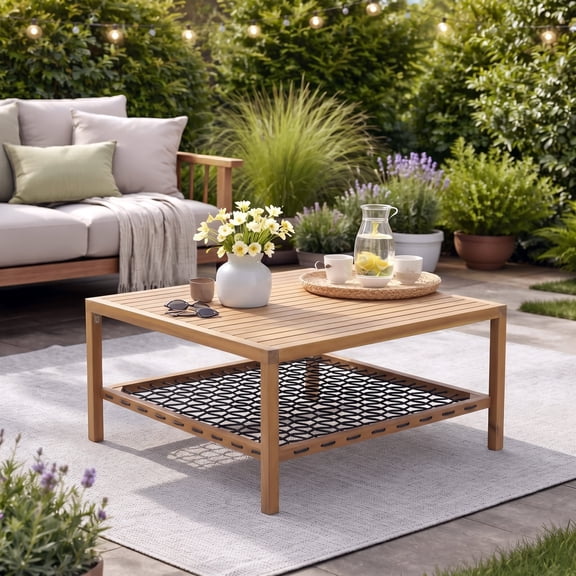 Christopher Knight Home Outdoor Acacia Wood Coffee Table with Woven Rope Storage Shelf, Teak Black