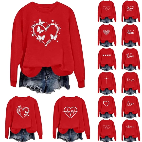 Gelikeya Toddler Kids Girls Sweatshirts Valentine's Day Fashion Cute Shirts Long Sleeve Round Neck Pullover Tops 2-9Y #01 Red & 2-3 Years