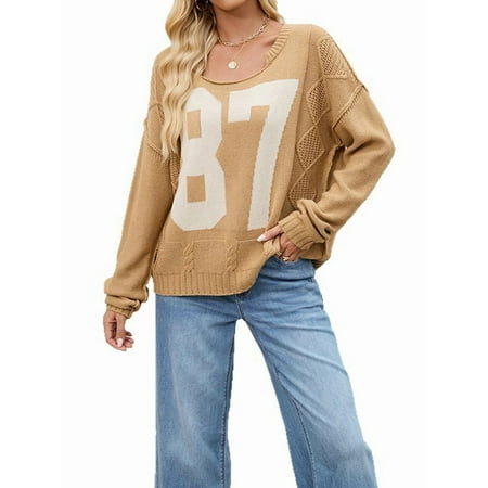 Women'S Y2k Tops Oversized Crochet Number Print Shirts Crew Neck Pullover Sweater Khaki XL