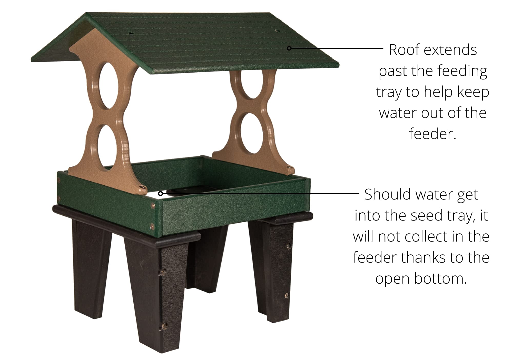 JCs Wildlife Medium Ground Fly Thru Bird Feeder - Holds 4 Cups of Bird Seed - Removable Tray - Covered Platform - Green and Tan