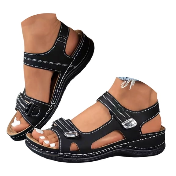 Rokment Women's Orthopedic Arch Support Walking Sandals Comfortable Fashion Casual Leather Open Toe Platform Wedge Dressy Summer Shoes for Ladies 2026 Black Size 5.5