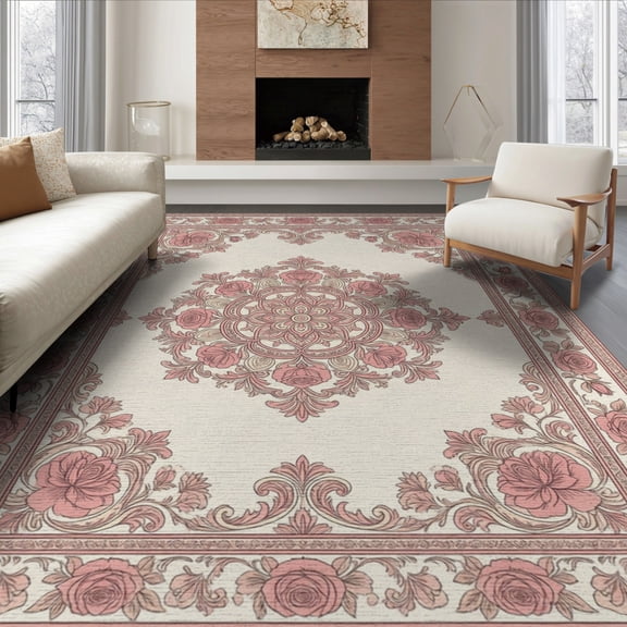 ODIKA 8'x10' Washable Area Rug Pink Symmetrical Vintage Decorative Faded Botanical Tug for Living Room, Under Sectional, Family , Durable, Non-Slip