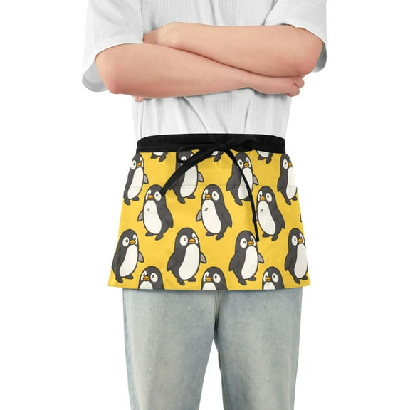 Cute Fat Penguin Server Apron with 3 Pockets Waterproof Waitress Waist Short Apron for Man Woman 12 Inches