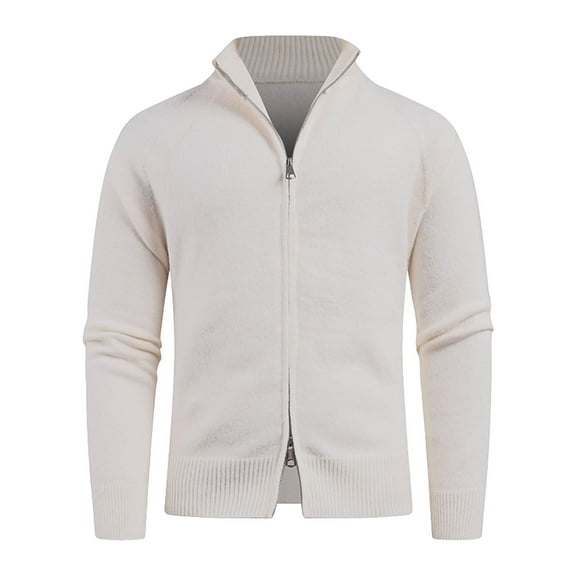 Men's Casual Cardigan Sweater Stand Collar Long Sleeve Outfits Two-Way Zipper Sweater Jacket Beige XL