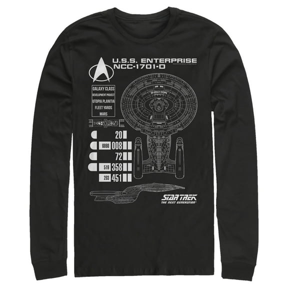 Men's Star Trek: The Next Generation Enterprise Galaxy Class NCC-1701-D Schematics Long Sleeve Shirt Black 2X Large