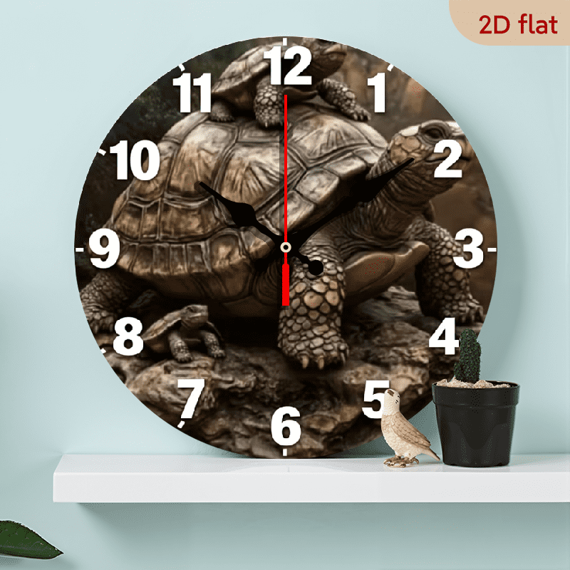 A 10-inch 2D flat Retro Turtle theme wooden circular wall clock, suitable for decoration in bedrooms, living rooms, and offices. It is an ideal gift for Christmas and New Year.