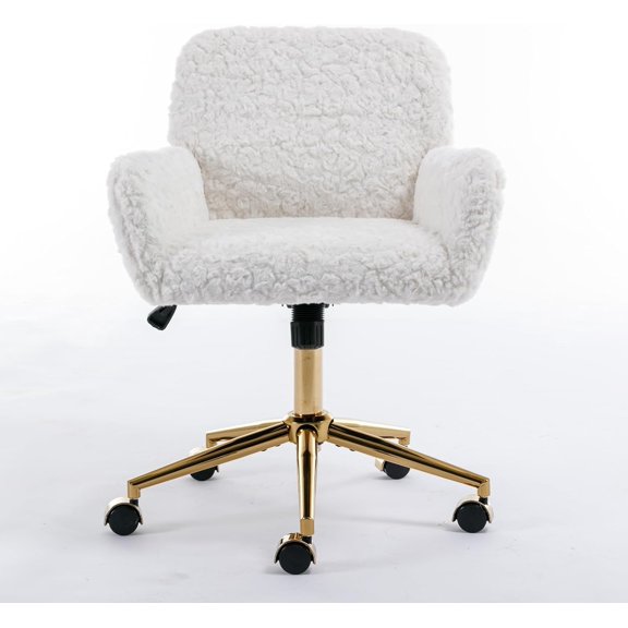 Furry Office Desk Chair, Modern Vanity Chair with Wheels/Gold Base Small Home Office Chair Height Adjustable for Teen Girls, Cute Swivel Upholstered Armchair Study Chair for Living Room
