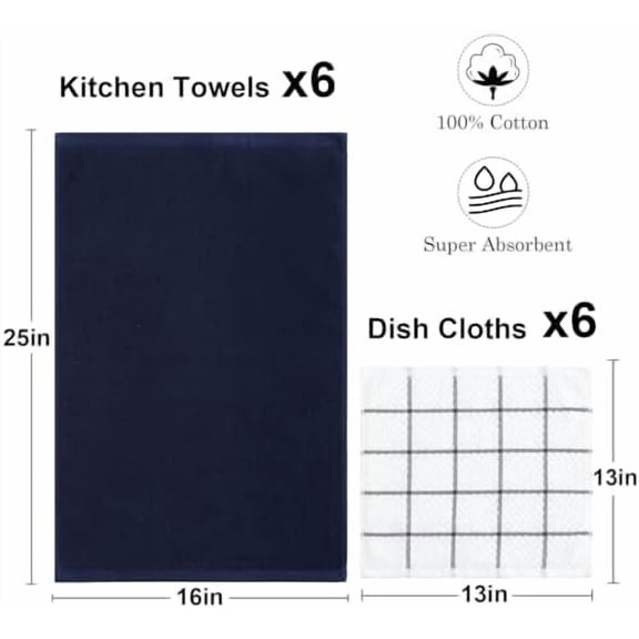 12 Pack Kitchen Towels and Dishcloths Set, 100% Cotton Soft and Absorbent Kitchen Towels 16 x 25 inche & 13 x 13inche Dishcloths