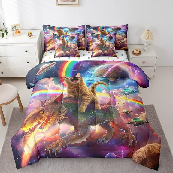 Cat 7 Pieces Bed In A Bag Bedding Set Full Size, Dinosaur Comforter Teens Cute Animal Rainbow Sheet Set With 2 Pillow Cases,Outer Space Moon Comforter Set With Sheet