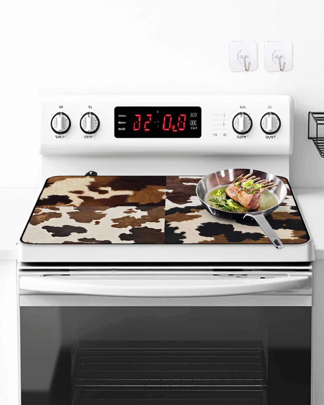 Stove Top Covers for Electric Stove, Cow Patterned Glass Stovetop Cover Protector, Vintage Farmhouse Abstract Country Western Induction Cooktop Protector Oven Mat for Kitchen Countertop 31"x24"