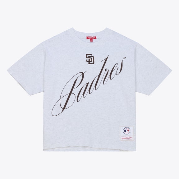 Women's Mitchell & Ness Heather Gray San Diego Padres Script Cropped Boxy T-Shirt