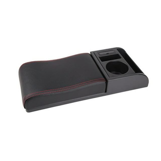 Mistaha Universal Car Armrest Storage Box Extension with Cover, Heightening Pad, Retractable, Rechargeable, Easy Installation (Curved Style, Black with Red Stitching)