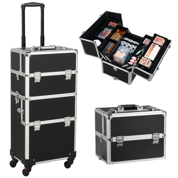 Yaheetech Rolling Aluminum 3 in 1 Cosmetic Case Trolley Makeup Beauty Box Case