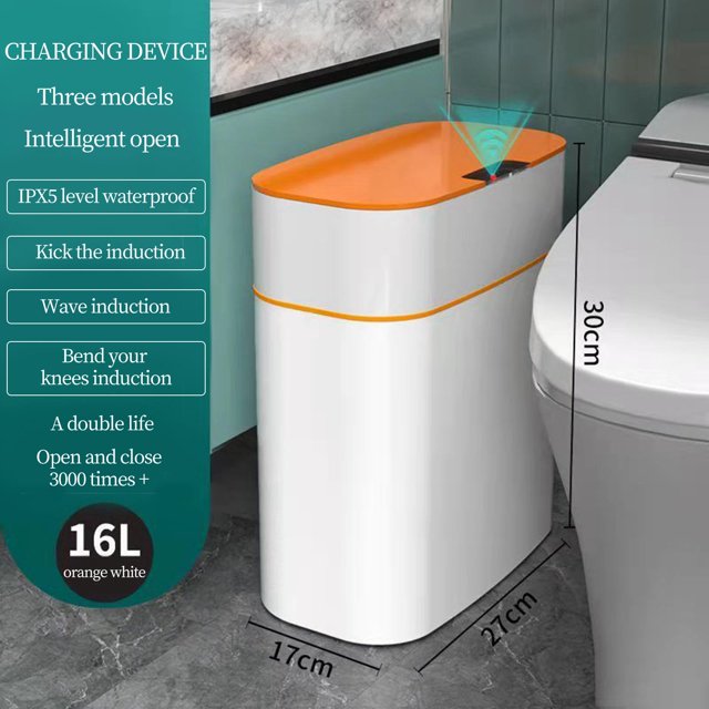 Cubo de basura inteligente de 16 tapa de plástico capacidad, resistente al agua, de movimiento, cubo de basura doméstico para naranja Baoblaze bote de basura sin contacto