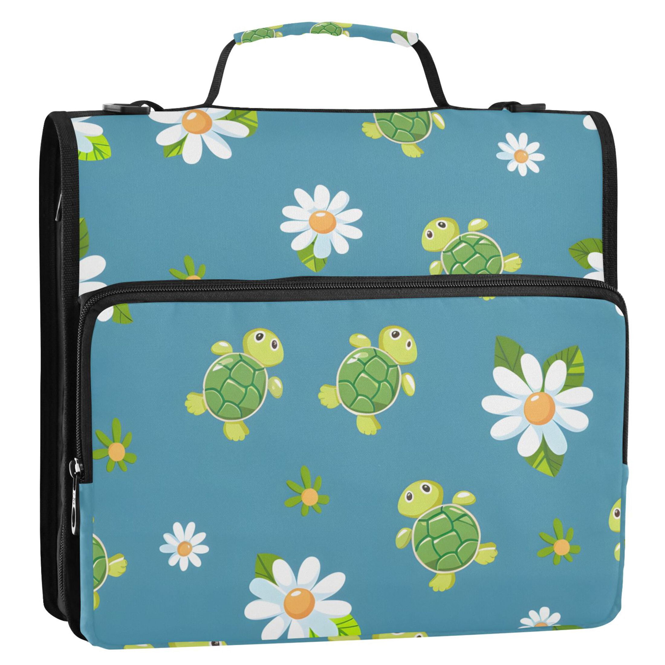 ALAZA Zipper Binder Cartoon Cute Turtles Daisies Flowers 3 Ring Trapper Keeper File Folder Organizer Bag