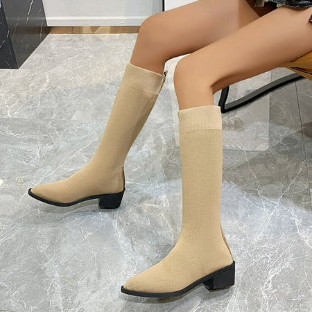 

ERTUTUYI Ladies Solid Color Breathable Stretch Knit Pointed Toe Chunky Heel Fashion Long Boots Khaki 41