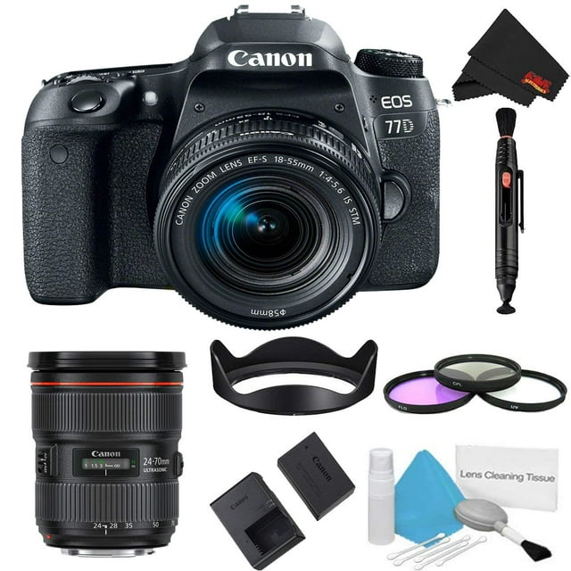 Canon EOS 77D DSLR Camera with 18-55mm Lens Bundle w/ 3 Piece Filter Kit + 24-70mm Lens (Intl Model)