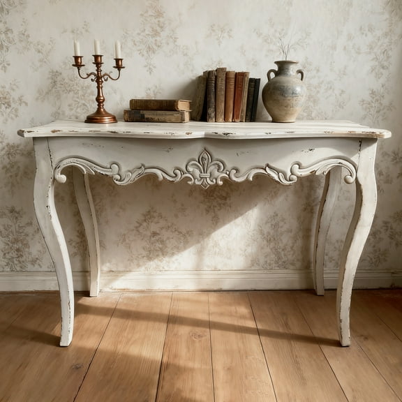 Royard Oaktree Distressed Console Table, 44" Weathered Wash White Sofa Table with Wood Carvings