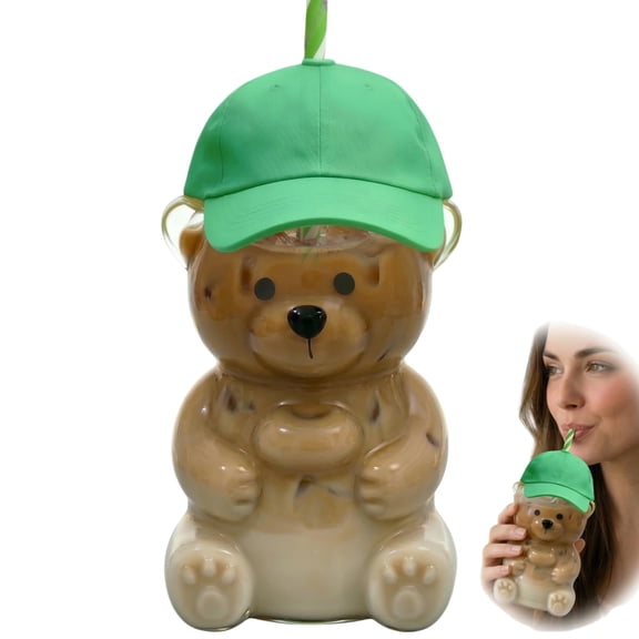 20oz Bear Shaped Glass Tumbler with Straw and Lid for Iced Coffee, Clear Boba Cup